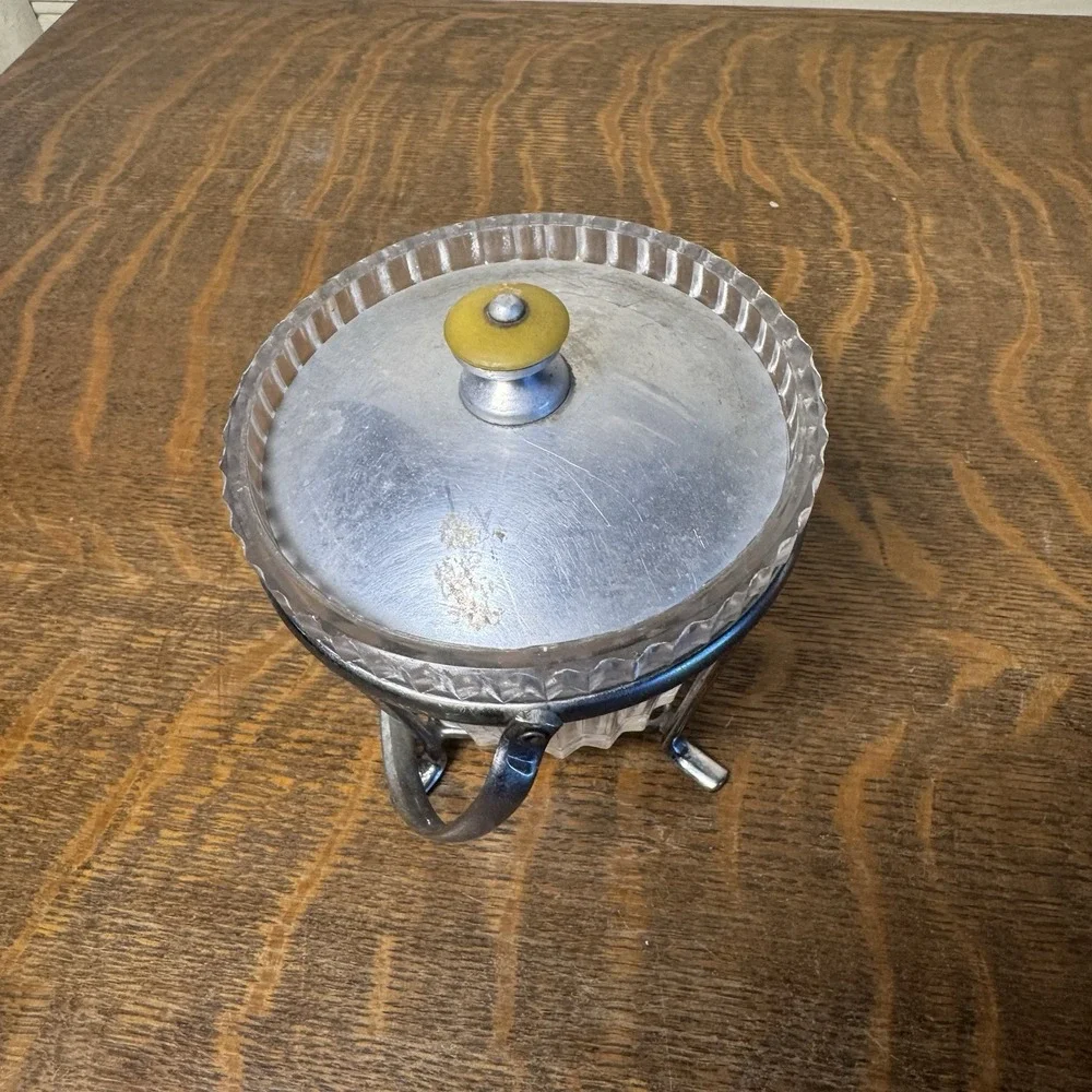 Vintage Pressed Glass Ice Bucket Chrome Stand Lid Yellow Knob Mid Century